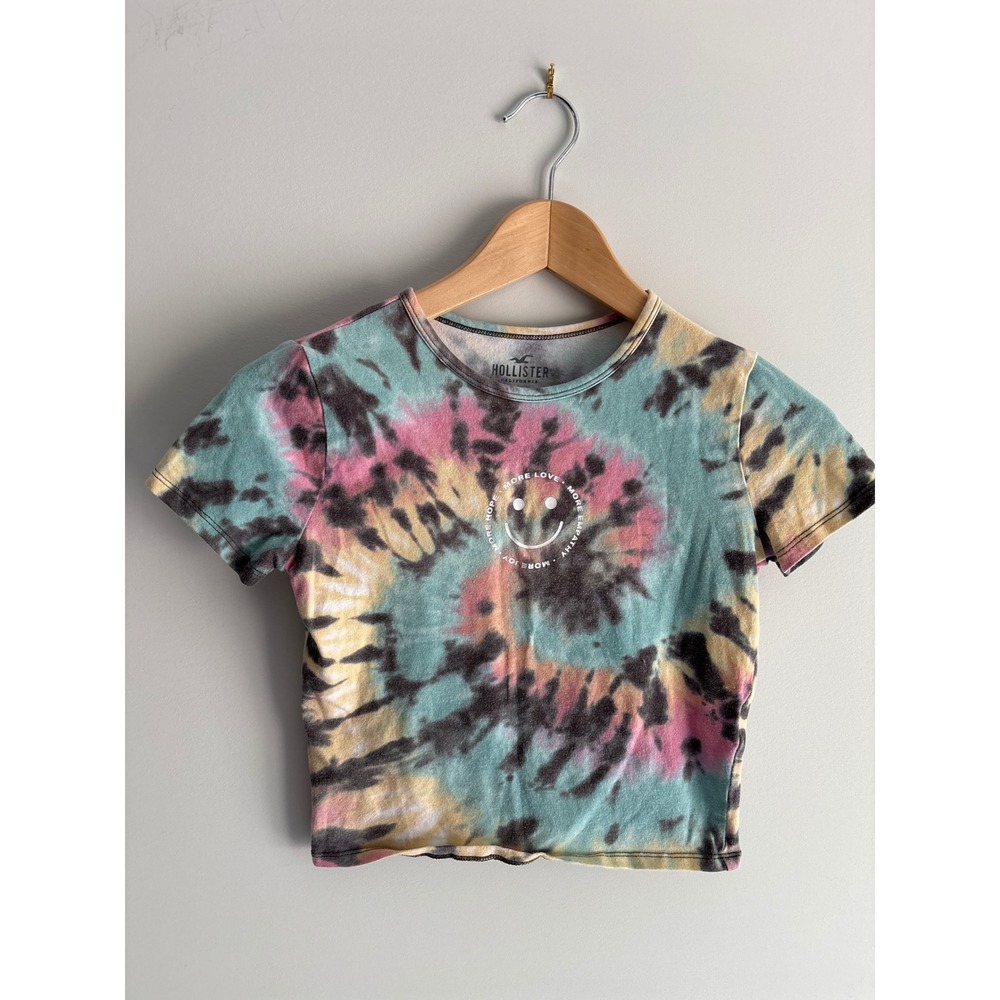 Hollister Womens Graphic Crop Top XS Multi Color Tie Dye Smiley Face Y2K Tee